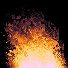 Animated fire burst with orange and yellow flames against black background, transitioning from dense central glow to scattered embers.