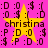 A static image with a bright pink background featuring four identical yellow stars arranged in a , each star overlaid by dark brown text symbols and the name 'christina' below