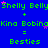 Blue background with green text repeating 'Shelly Belly', 'Kina Bobina', and 'Besties' in a pattern, interspersed with pink stars and plus signs