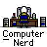 A 14-frame animated contact sheet showing a pixel art character at a desk with computer equipment, labeled "Computer Nerd" beneath each frame.