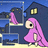 Pixelated animation of a pink-robed figure with long hair standing before a house at night, with a smaller figure on a balcony.