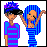 Pixel art of two figures with blue hair and VR headsets, one standing still while the other raises arms in a striped outfit.