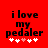 Red background with black text reading 'i love my pedaler' and six white/pink pixel hearts below, showing animation change in heart positions.