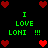 Green text 'I LOVE LONI !!!' repeated four times on black background with red pixel hearts at corners and center.