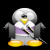 Pixelated penguin with white head, yellow beak, gray wings, purple chest, and yellow feet against black background.