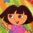 Pixelated image of a cartoon character with brown hair and pink clothing against a colorful background, next to yellow text on green.