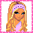 Pixel art buddy icon featuring a blonde girl with blue eyes wearing a purple headband and light purple top, next to pink text reading "~*Princess in Pink*~" on a pink dotted border background.