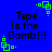 Blue background with black text reading "Tape is the Bomb!!!" and green pixelated square patterns at corners.