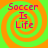 Four identical pixelated display "Soccer Is Life" text over orange-green spiral backgrounds with visible dithering patterns