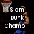 Pixelated basketball player in blue uniform holding ball, with 'slam Dunk champ.' text and hoop visible against black background.