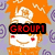 Pixelated character with orange hair and red cheeks, wearing black text overlay reading 'GROUP1' over eyes, against purple swirl background.