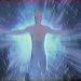 Pixelated static image of a humanoid figure with outstretched arms against a blue-green gradient background, rendered in low-resolution with visible dithering and color bleeding.
