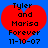 Red heart-shaped icon with black text on blue background, displaying names and date.