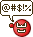 Red circular icon with brown face and speech bubble containing changing symbols, displayed in a