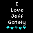 Pixelated text reads 'I Love Jeff Gately' above five cyan and teal heart symbols on a black background.
