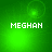 Green pixelated background with white text 'MEGHAN' and shifting light effects across four