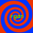 Four identical spiral patterns arranged in a , each with red and blue concentric spirals and green text reading 'ryon' at the center