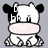 Pixelated cow icon with black-and-white patches, pink mouth area, and checkered legs, showing two states: one with 'me...' text and one with 'cute!' text.