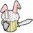 Pixelated static icon of a cupcake with bunny ears and sprinkles, featuring pink inner ear sections and striped yellow wrapper.