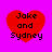 Four red heart-shaped icons with black text "Jake and Sydney" on a bright pink background, arranged in a