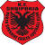 Red shield-shaped icon with black double-headed eagle and text "R. K. SHQIPNIJA" at top, surrounded by decorative border elements.