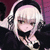 Pixelated anime-style character with white hair and black headband, holding microphone against dark background with pink accents.