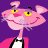 Pixelated cartoon of a pink panther character with yellow eyes and black pupils, wearing a white shirt and black bow tie against a solid purple background.