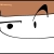 Pixelated face with brown hair, single black eye, and gray curved line on white background.