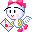 Pixelated character with pink bow, white face, black eyes and eyebrows, red lips, holding heart-shaped object.