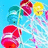 Pixelated image with blue background featuring colorful cartoon characters and abstract shapes including red, yellow, green, and pink elements.