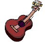 Animated contact sheet of a cartoon guitar with a face playing itself, showing six sequential frames of motion across the body and head.