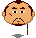 Pixelated character with brown hair and beard, multiple facial expressions including neutral, angry, and surprised, holding a red object in some frames.