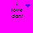Pixelated text 'i love dan!' on bright pink background with blue heart and starburst symbols in four variations.