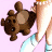 A 48x48 pixel animated buddy icon featuring a cartoon character holding a brown teddy bear against a pink background, with green text reading "Original Icons .com" on the right side.