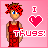 A 4-frame pixel art contact sheet showing a character with red hair and a red dress in various poses against a pink background, with changing heart symbols and text effects.