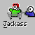 Pixelated cartoon figures in a shopping cart with red-haired character, blue and green clothing, and 'Jackass' text below each frame.