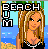 Pixelated beach-themed buddy icon featuring a cartoon woman with long blonde hair, black bikini top, and ocean background with text "BEACH" and "BUM" in blocky pixel font.