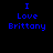 Blue pixelated text "I Love Brittany" on a black background with a red circular gradient overlay in some views.