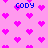 Pixelated pink background with scattered bright pink hearts and blue text reading "CODY" in multiple locations.