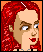 Pixelated cartoon character with red curly hair, black crop top, and green accessories on orange background.