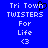 Blue background with white pixelated text reading "Tri Town TWISTERS For Life <3" and a black heart symbol replacing the 'O' in "Town" on the left side.