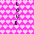 Pixelated pink background with repeating light pink hearts, two vertical of black 'LOVE' text on left and right sides