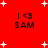 Red background with white plus signs and four identical text blocks reading 'I <3 SAM' in black pixelated font.