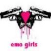 Two black handguns point inward toward a pink heart with dripping pink liquid below, with pink text reading 'emo girls' at the bottom.