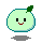 Two pixelated green fruit-like characters with teal outlines, one smiling with red mouth, the other with open mouth and black text above.