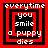 Red and black pixelated icon with white text reading "everytime you smile a puppy dies" arranged in nested square frames.