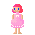 Pixel art of a pink-haired figure in a pink dress with white trim, standing against gray background.