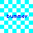 Pixelated blue text 'bummer' appears on a cyan and white checkered background with animated light effects.