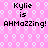 Pixelated text on a pink background with white circular patterns reads "Kylie is AHMAZZING!" in four identical repeated sections.