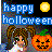 Pixelated image with blue text reading 'happy halloween', a yellow moon, and an orange pumpkin face on the right.